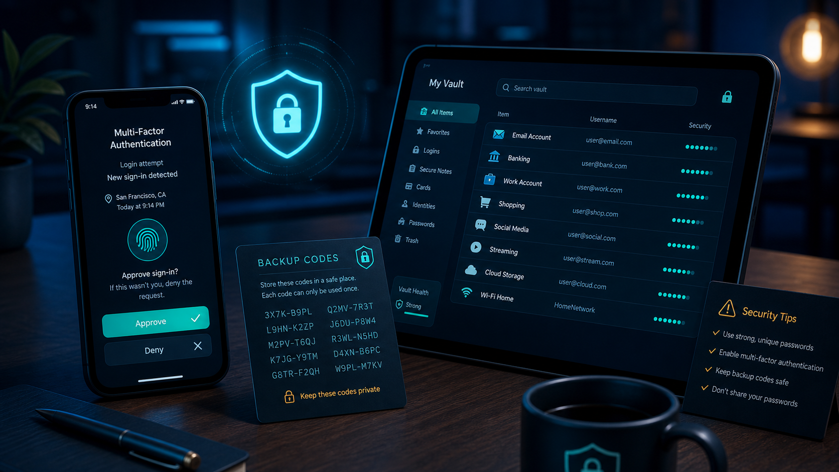 Illustration of an MFA prompt, backup codes, and a password manager vault.