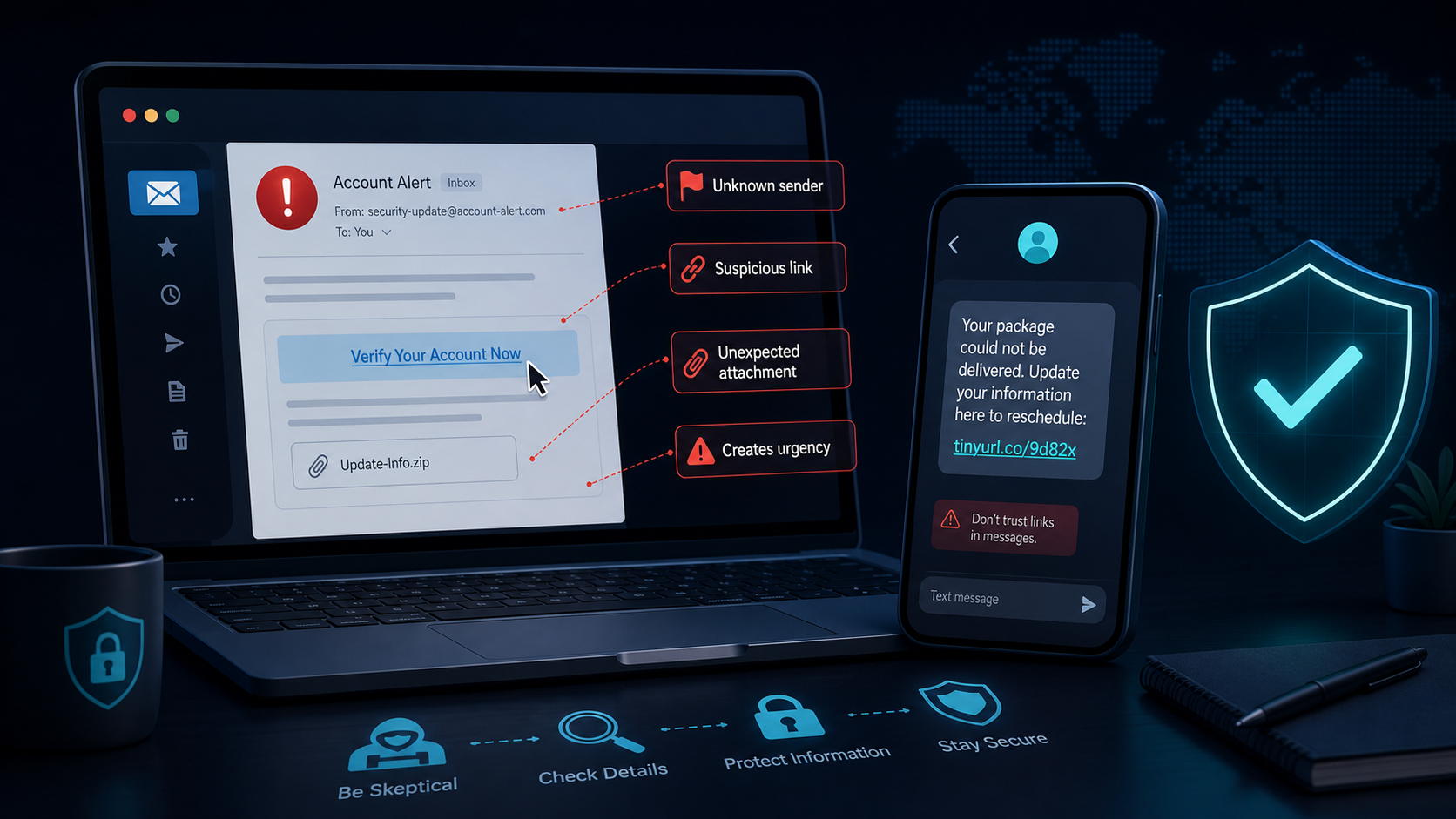 Illustration of a phishing email and scam text with red flag callouts.