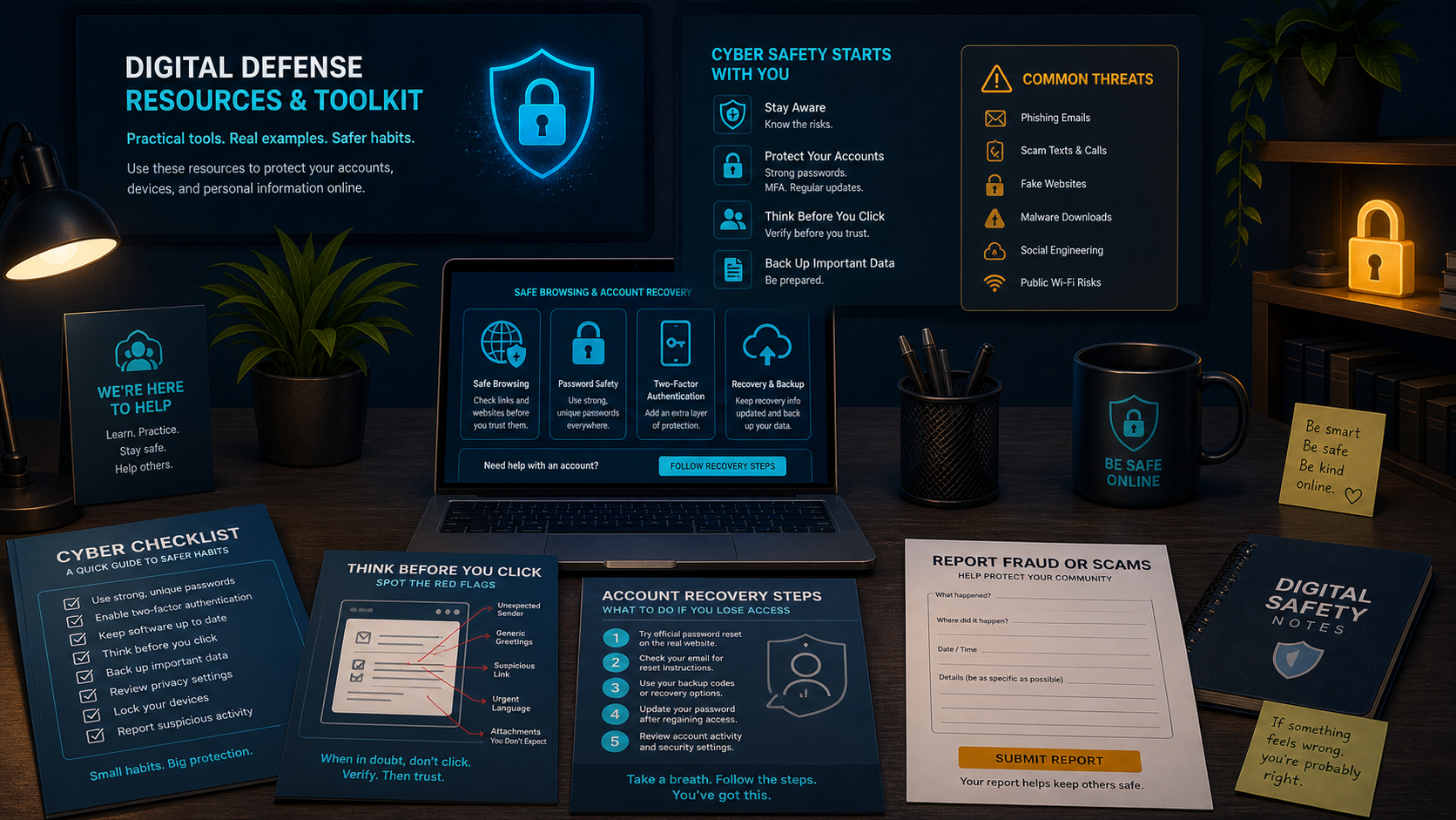 Dark cybersecurity resource toolkit illustration with safety checklists and recovery steps.